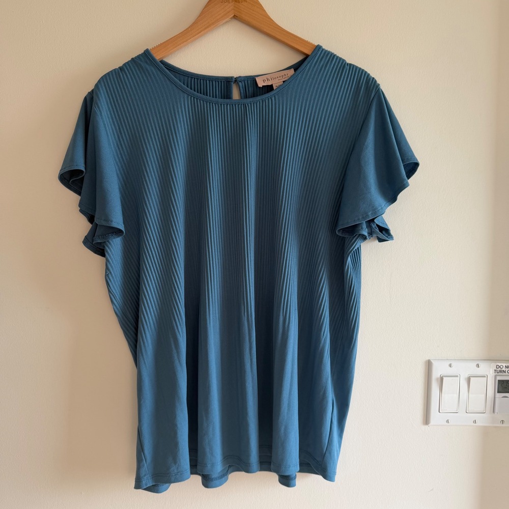 Philosophy Pleated Flutter Sleeve Top Teal Blue Womens XL 2542000 Minimalist